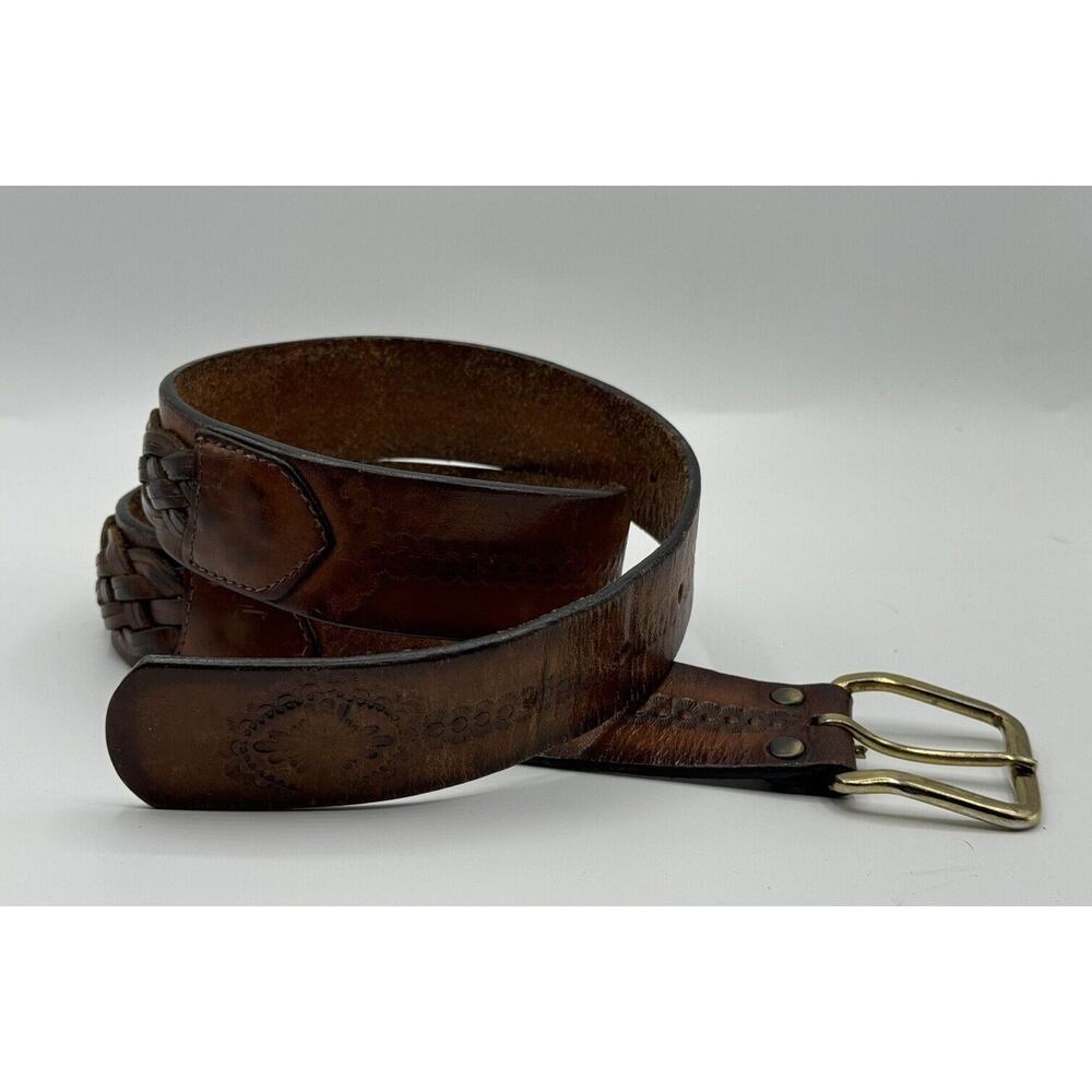 Vintage Leegin Brown Leather Belt Womens Size 34 Braided Inset